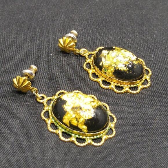 Vintage Gold Foil Lucite Post Earrings, Filigree Frames, Clear Lucite, 1 1/2 In - Picture 9 of 12